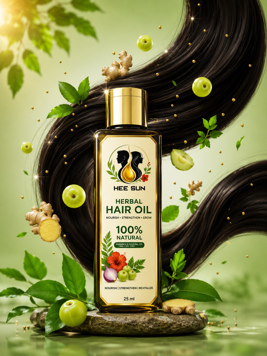 Hee Sun Herbal Hair Oil bottle surrounded by fresh herbs